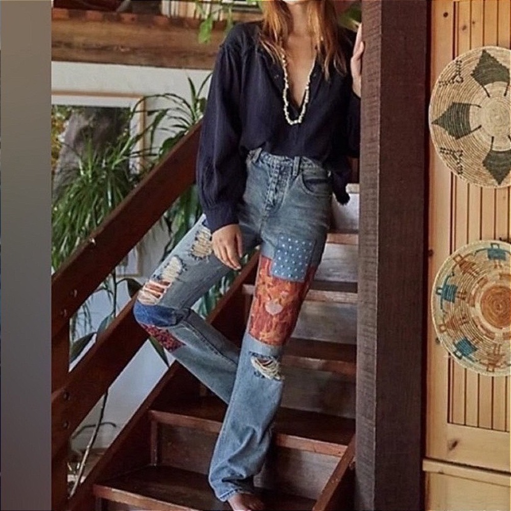 We The Free People Belladonna Floral Patchwork Distressed Jeans Blue size 27